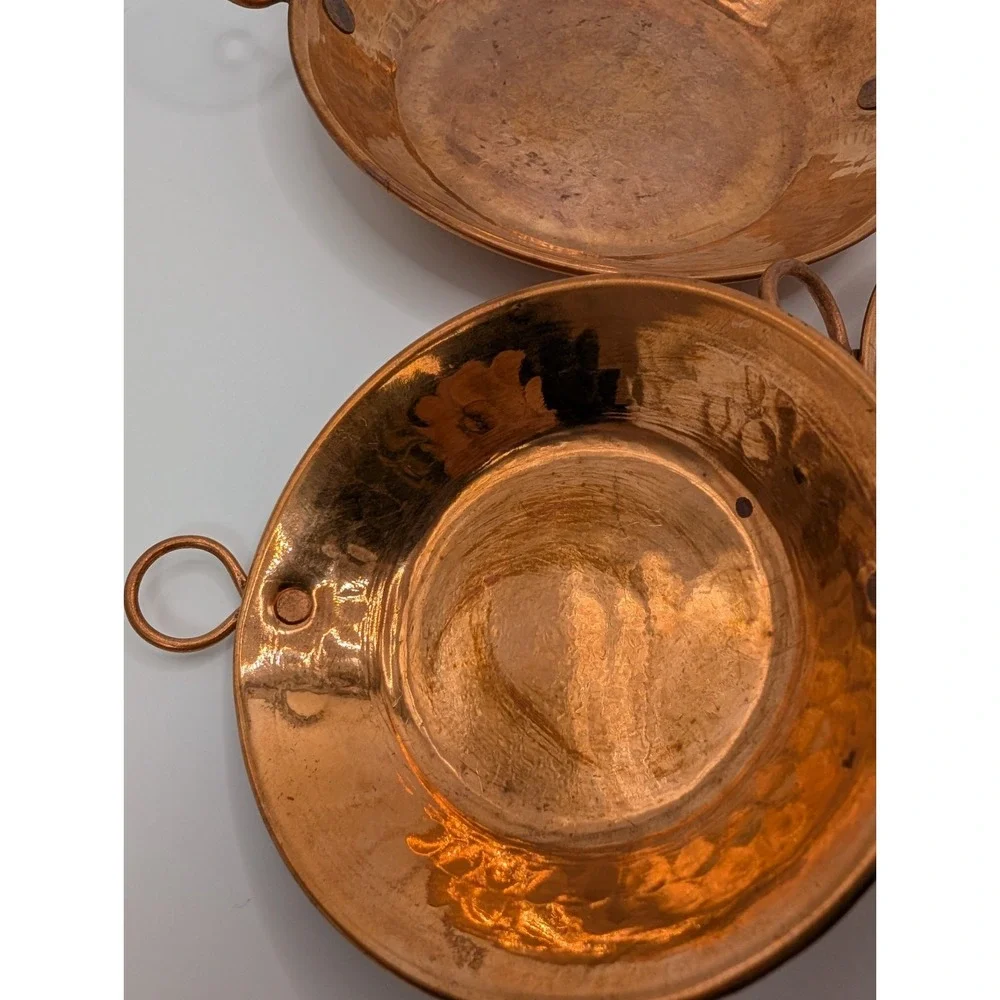 Vintage Mini Copper Cazo Set of 3 Hammered Mexican Style Cazo Pans
